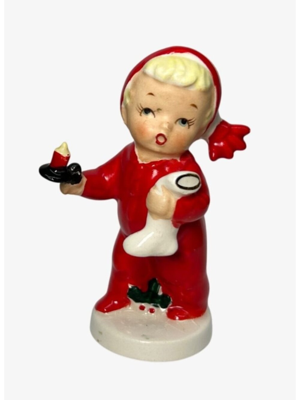 Vintage 1950s Napco Christmas Salt Shaker Boy with Stocking Red pajamas
